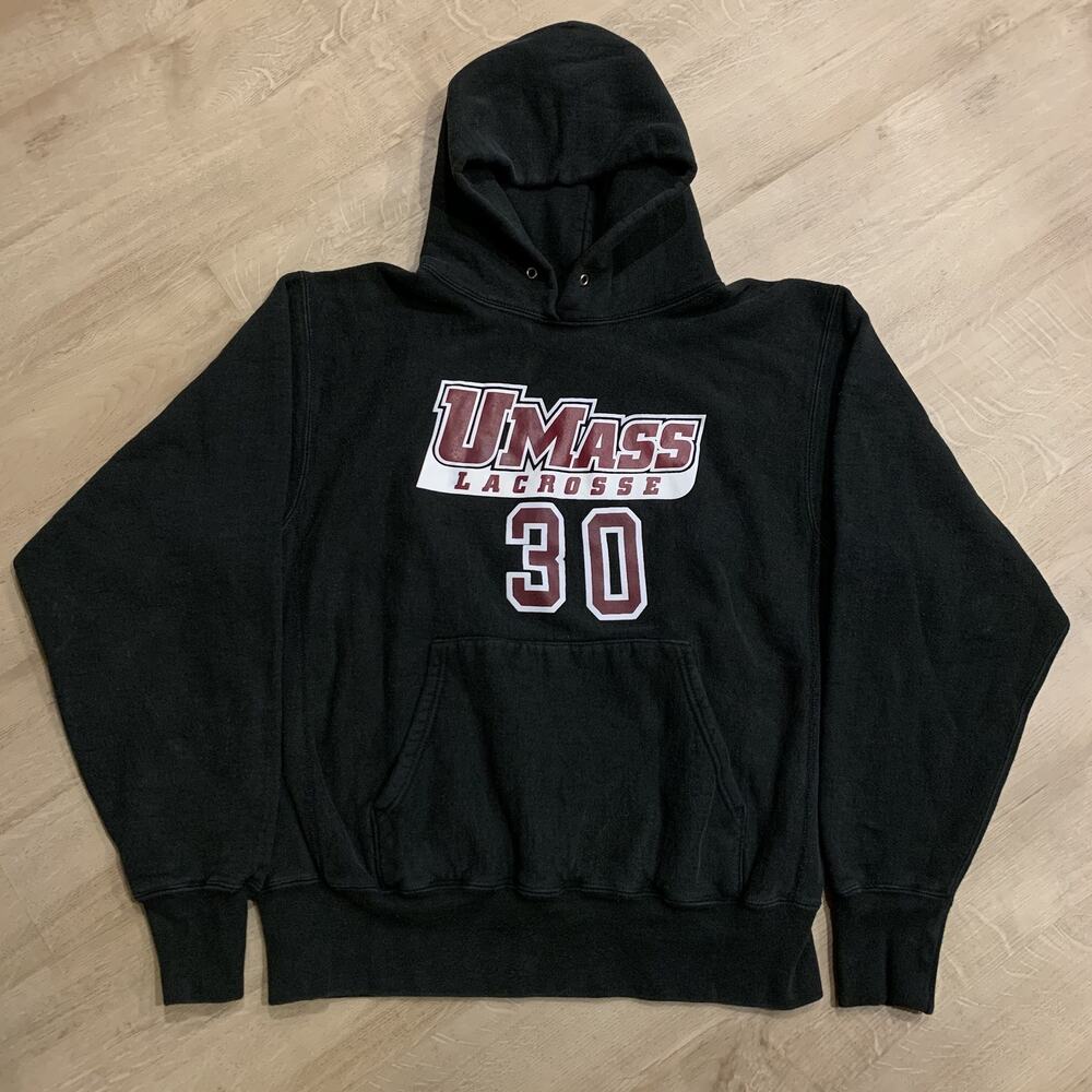 Vintage 90s UMass Amherst Lacrosse #30 Hoodie Men's M Black USA Made Sweatshirt